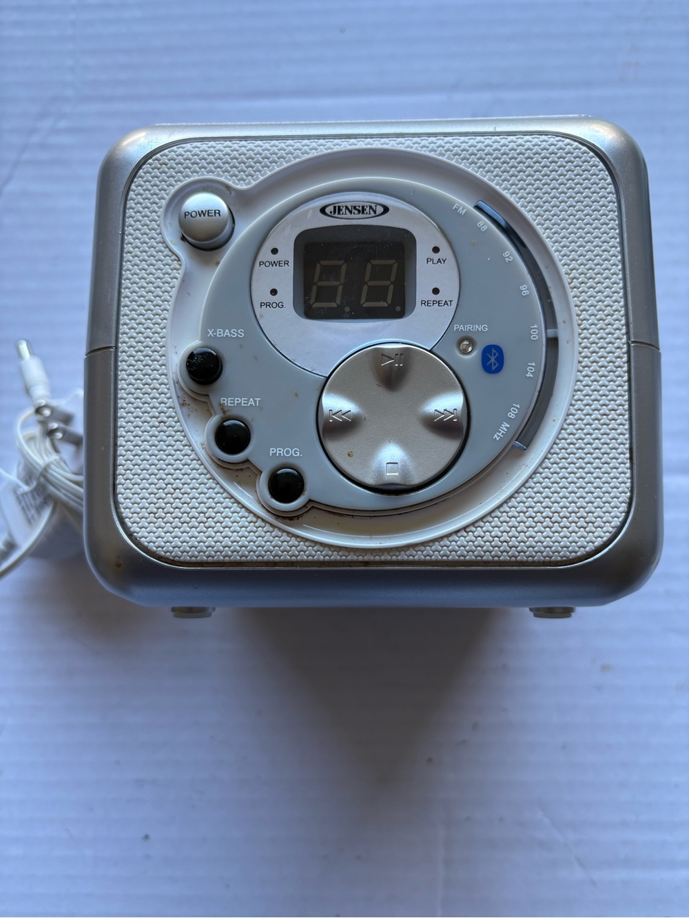 Jensen Silver and White Portable Bluetooth Clock Radio Speaker-CD Player